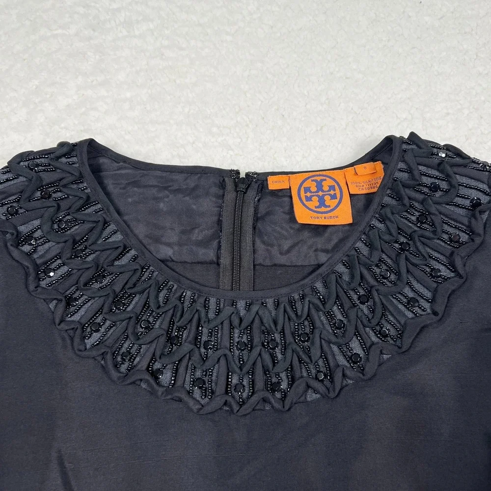 Tory Burch Shift Dress Womens 8 Black‎ 100% Silk Beaded Trim Cocktail 3/4 Sleeve